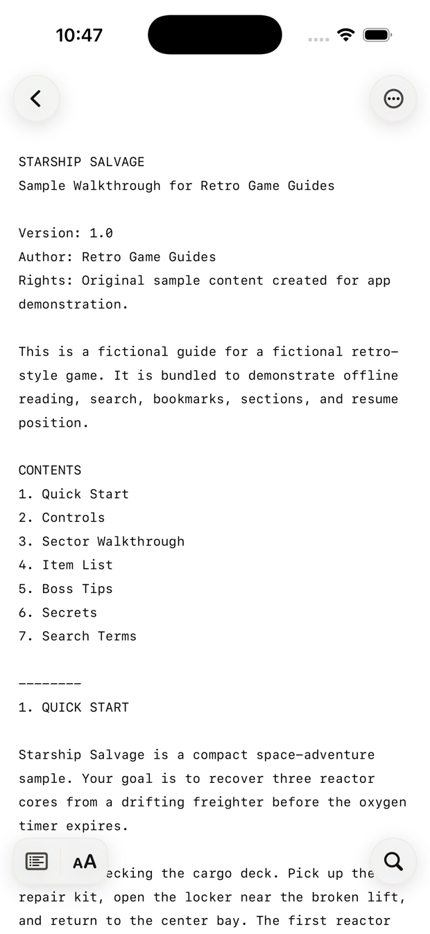Retro Game Guides reading a classic plain-text walkthrough on iPhone, with contents, reading settings, and search controls