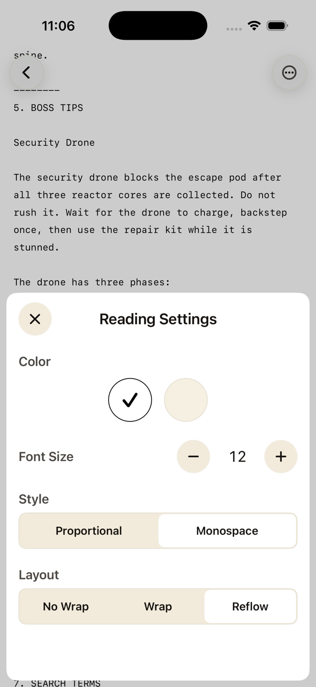 Reading Settings sheet with color theme, font size, proportional or monospace style, and No Wrap / Wrap / Reflow layout options