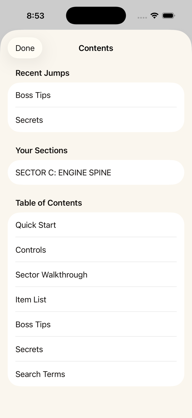 Contents showing recent jumps, custom sections, and a detected table of contents