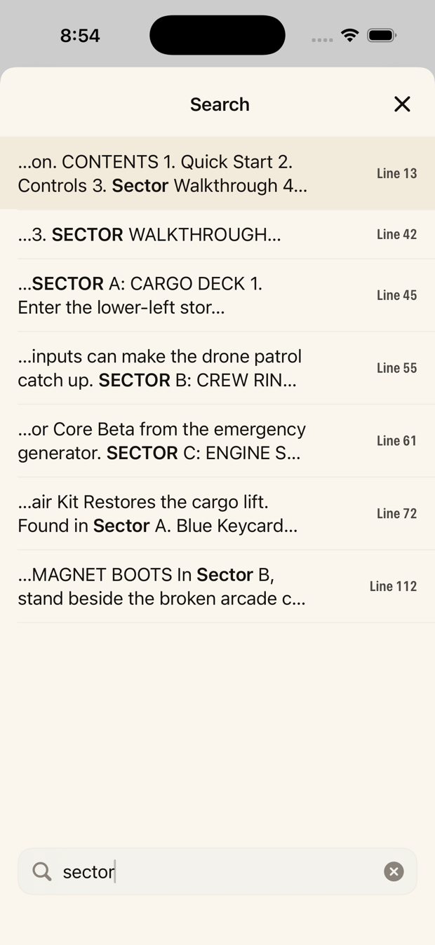 In-guide search results showing matching snippets with line numbers
