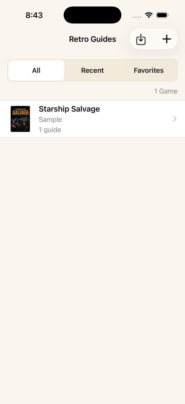 Library screen with All, Recent, and Favorites filters and a saved game