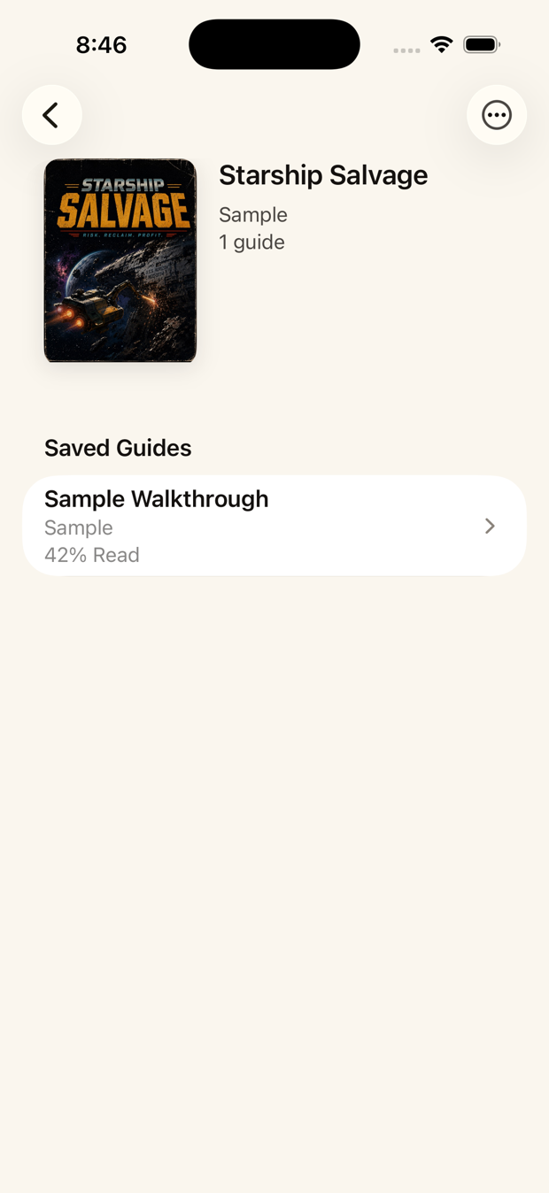 Game detail showing a saved walkthrough and its reading progress