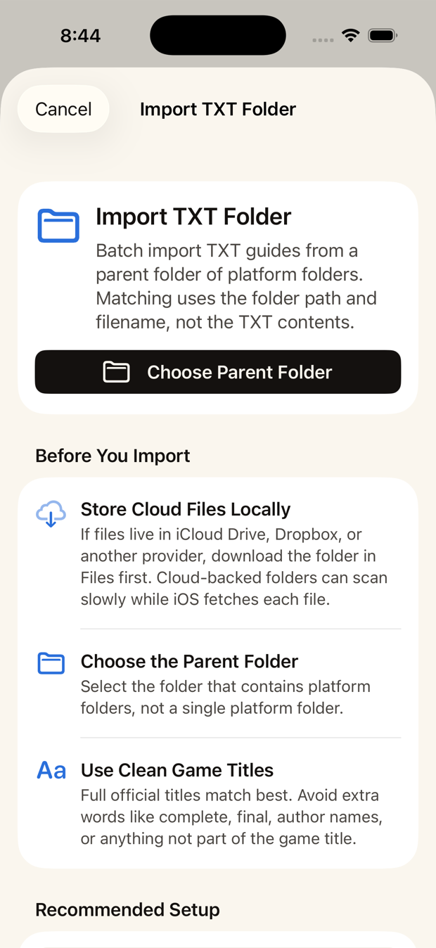 Import TXT Folder screen explaining batch import from a parent folder of platform folders