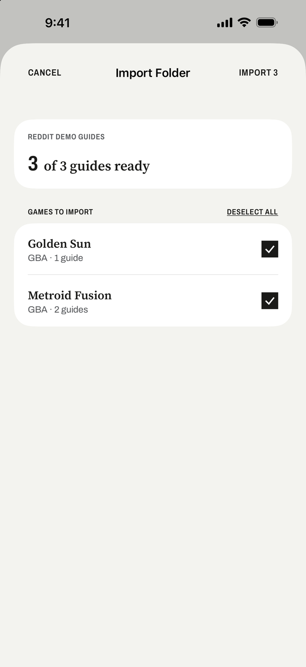 Folder import preview showing matched games and ready guides