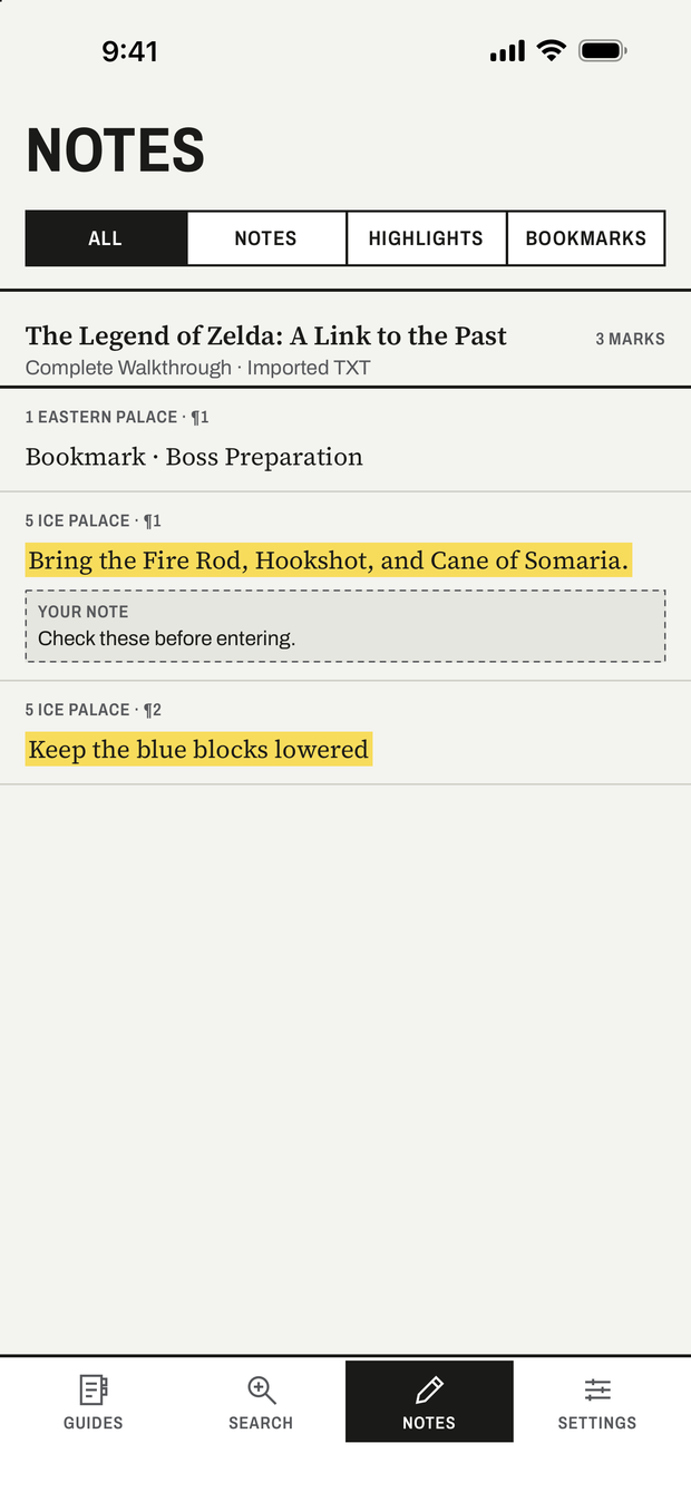 Notes showing highlights, personal notes and bookmarks grouped by guide